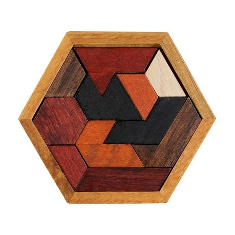 

Hexagon Tangram Classic Chinese Handmade Wooden Puzzle Jigsaw Brain Teaser for Kids Adult Disentanglement Puzzles