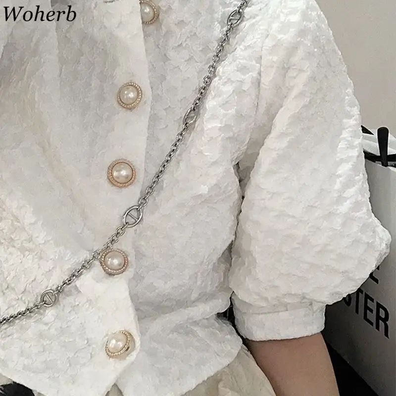 Женская блузка с коротким рукавом Woherb белая Элегантная укороченная рубашка