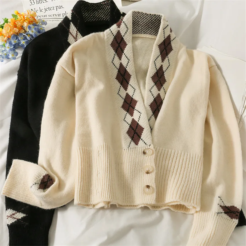 

Korean Fashion Casual Sweater Cardigan Women Full Sleeve Argyle Knitted Cardigan Mujer Loose Coat Jumper Pull Femme