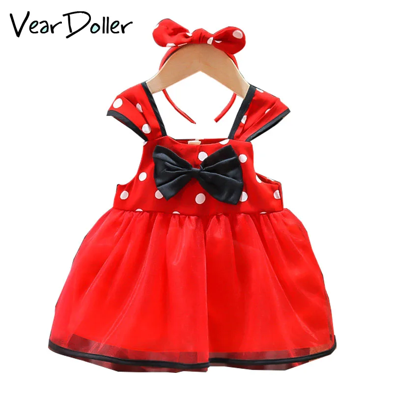 

VearDoller Cute Girls Party Dresses Dot Printing Girls Princess Dress Free Hairband Summer New Fashion Bow Kids Full Dress