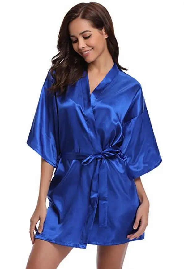 

RB032 2018 New Silk Kimono Robe Bathrobe Women Silk Bridesmaid Robes Sexy Navy Blue Robes Satin Robe Ladies Dressing Gowns