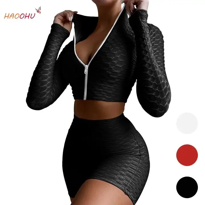 

2021 комплект из 2 предметов, эластичный Топ на молнии с длинным рукавом и пупком + Эластичные Обтягивающие женские спортивные шорты с высокой ...