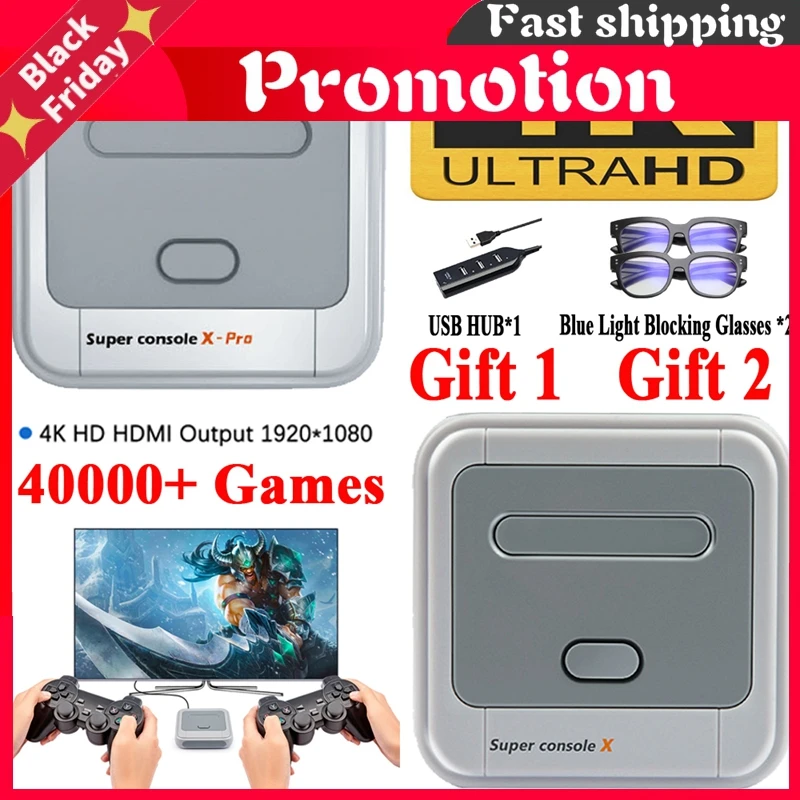 Preise Super Konsole X Pro 4K HD Retro Spiel Konsole Für PSP/PS1/DC/N64, Video Spiel Konsole Mit 50000 + Spiele, KODI, Unterstützung 4/2 Spieler 4