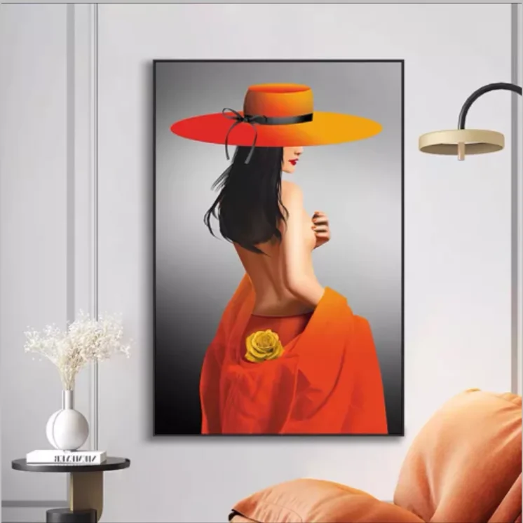 

Modern Abstract Sexy Orange Big Hat Woman Posters and Prints Canvas Paintings Wall Art Pictures for Living Room Decor (No Frame)