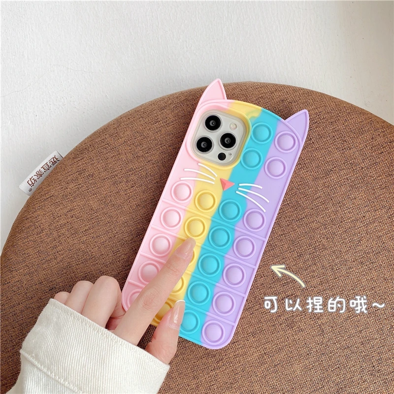 Pop Bubble Fidget Toys Case For iPhone 11 3D Cartoon Cat Soft Silicone Cover for 12 Pro X Xs Max XR 6 6s 7 8 Plus SE 2020 | Мобильные