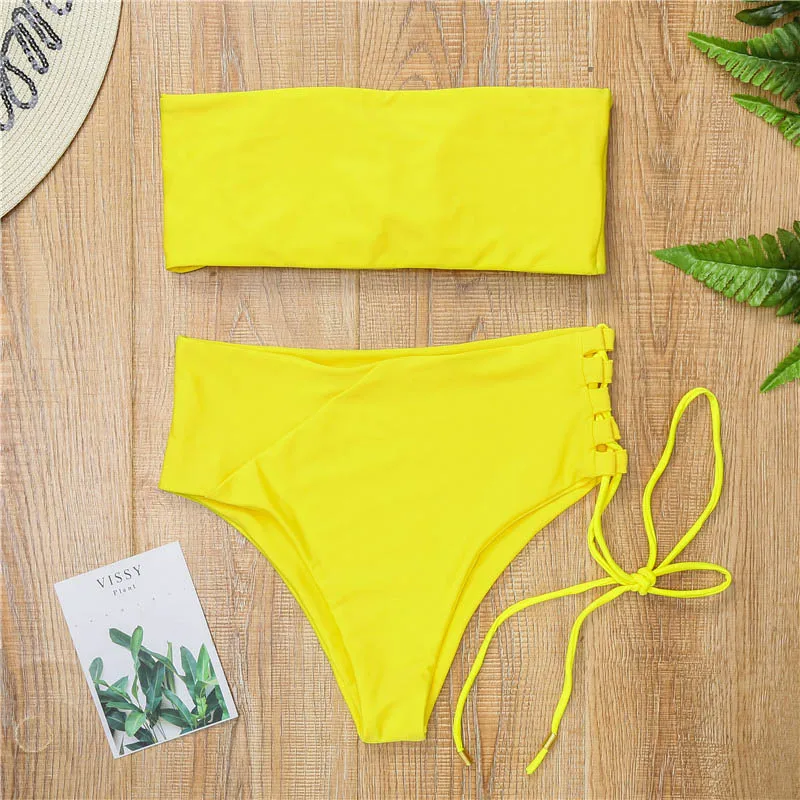 Сексуальное бикини с высокой талией, женский купальник, Одноцветный белый купальник, женский купальник, бандо, Бразильский бикини, набор, maillot de bain