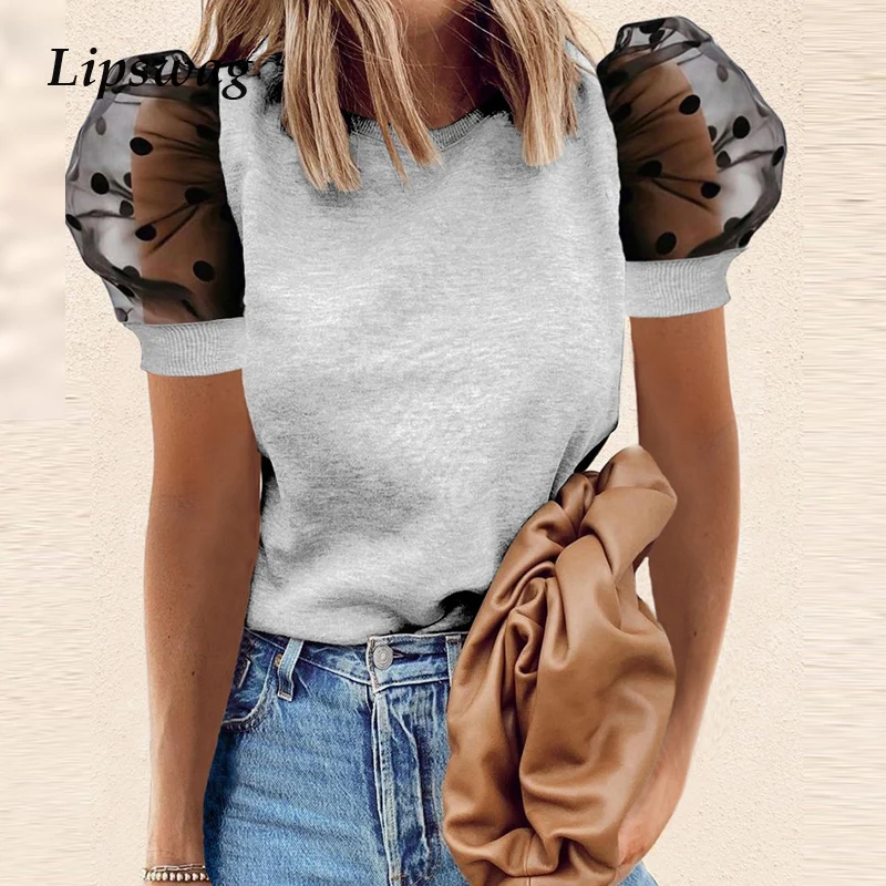 Женская блузка в горошек повседневная элегантная ажурная кружевная с коротким