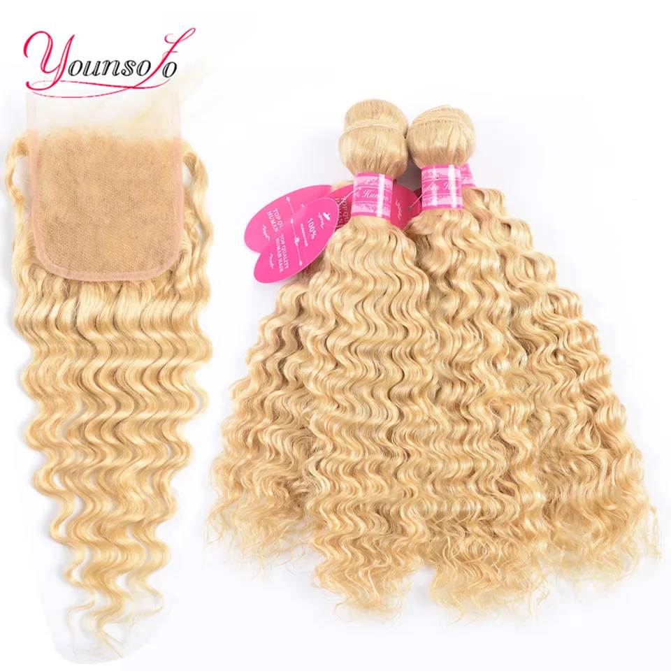 Younsolo 613 блонд пряди с закрытием бразильские глубокая волна Remy 100% человеческие