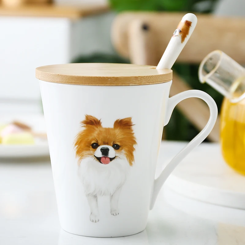 

Porcelain Chihuahua Dog Mug Cover & Spoon Cup Coffee Tea Water Travel Mug with Wood Creative Bone China Gifts for Dog Lover Kids