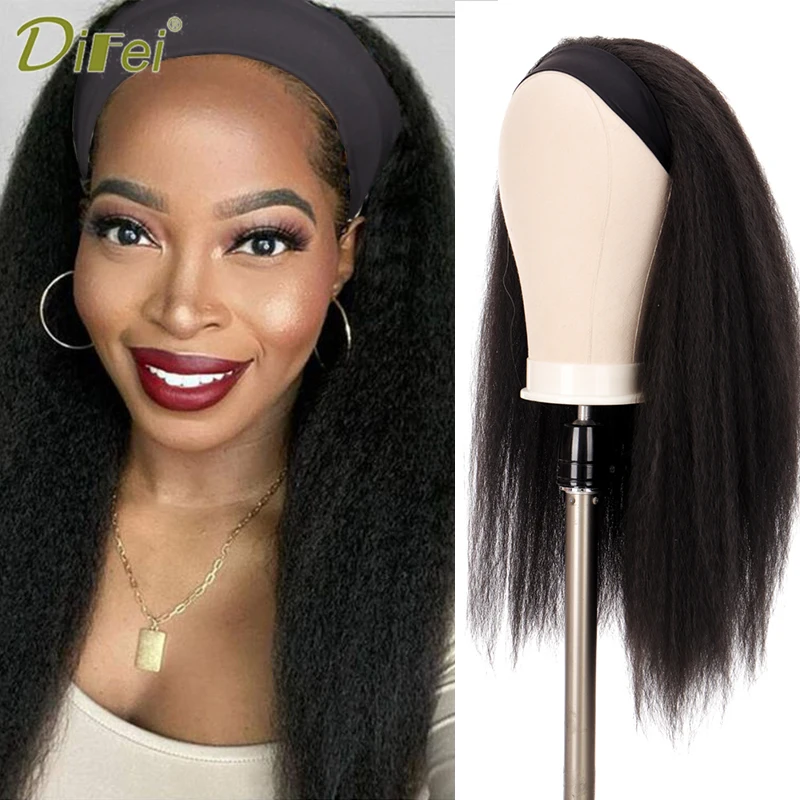 DIFIE 24 Inch Black Wigs With Headband Kinky Straight Synthetic Headband Wigs Women Wig With Elastic Hair Band