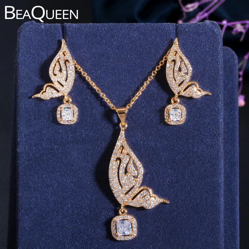BeaQueen красивая в форме бабочки микро выложенные фианиты желтое золото серьги