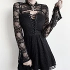 Женское винтажное болеро с расклешенными длинными рукавами, оборками, воротником-стойкой и цветочным кружевом, сексуальный прозрачный черный кардиган