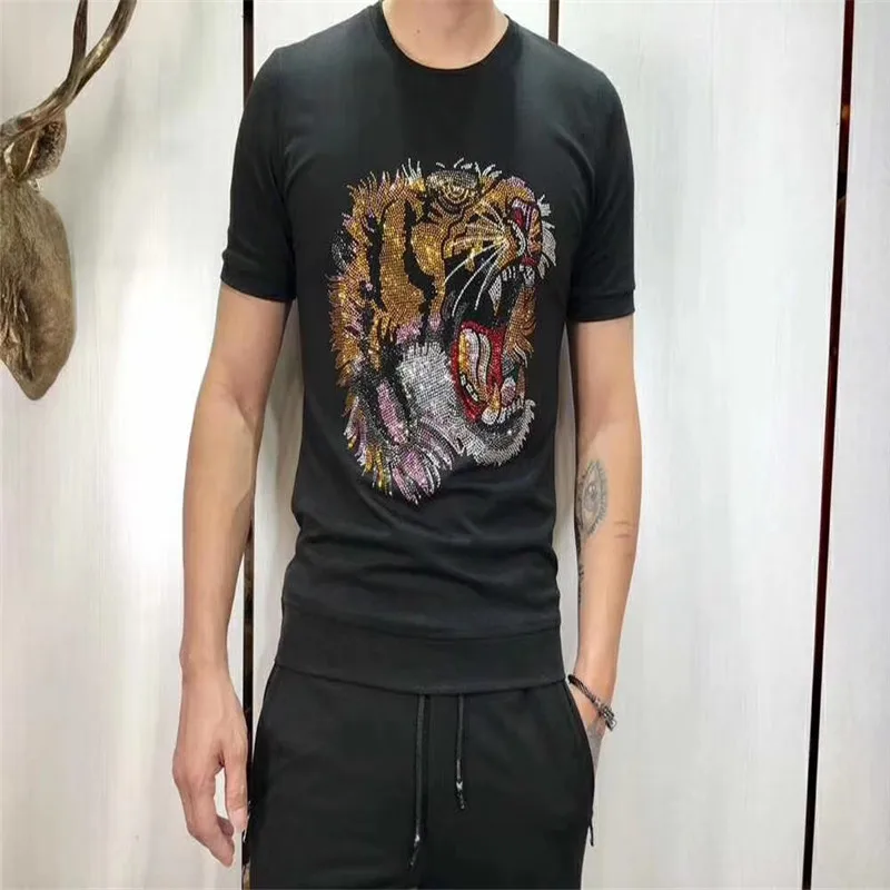 

New design diamond Tiger rhinestones short sleeve clothing summer sportswear 2-piece set