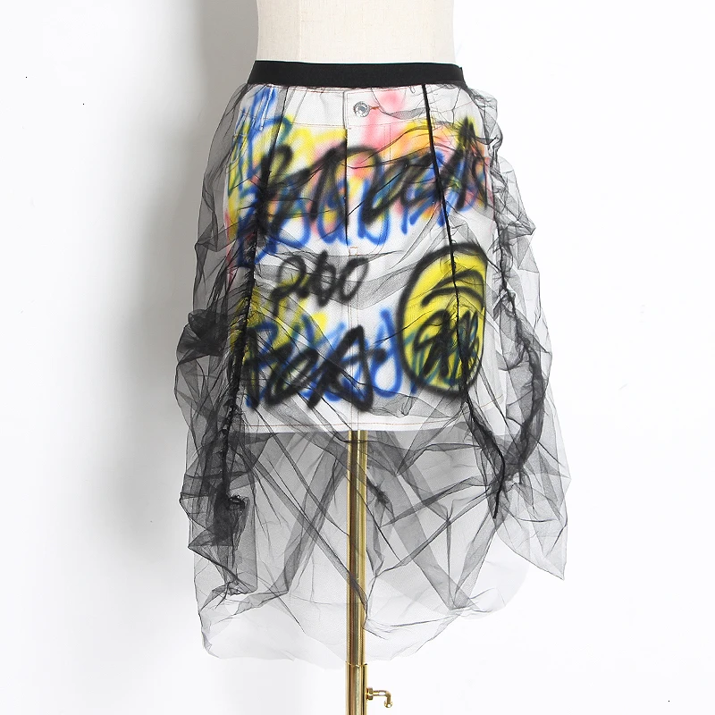 TWOTWINSTYLE Patchwork Mesh Skirts For Female High Waist Print Letters Ruched Asymmetrical Skirt Women Fashion 2020 Clothing New | Женская