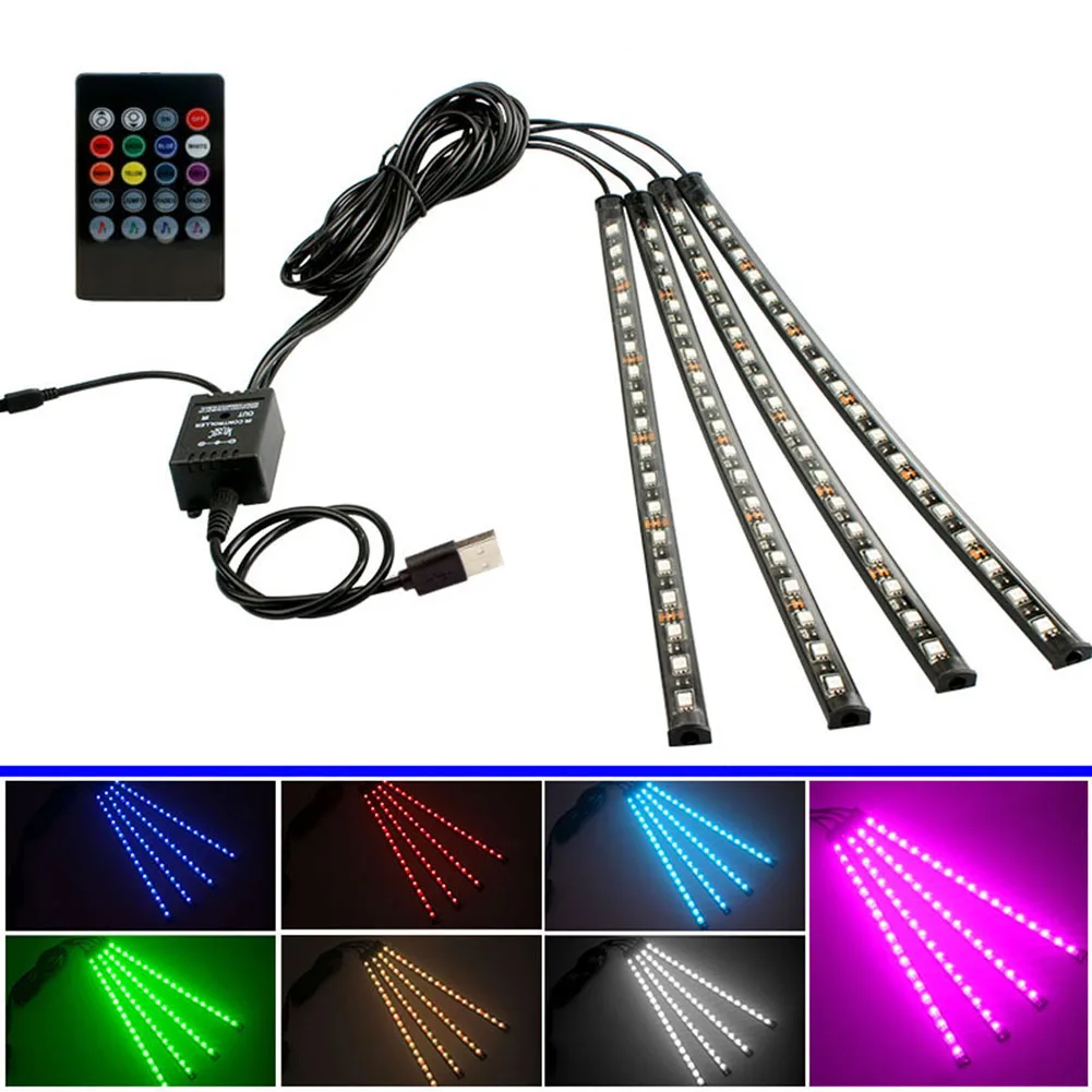 4 в 1 светодиодный Автомобильный ножной светильник USB 5V RGB 72 полосы для