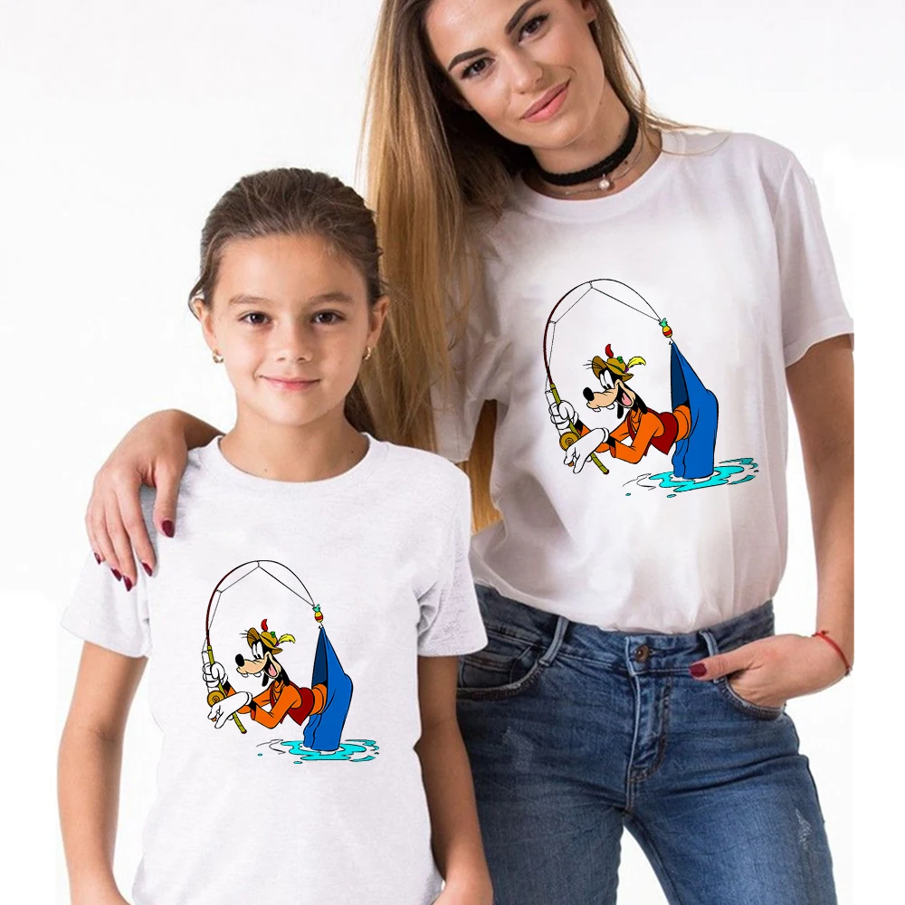 

Disney Matching Family Outfits Funny Goofy Fishing Graphic French Fashion Femme Vetement Summer Family Tee Shirt Enfant Fille