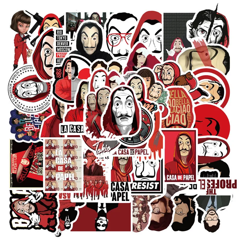 Pegatinas impermeables De La Casa De Papel para ordenador port&aacute;til, pegatinas divertidas De bricolaje para equipaje, guitarra y bicicleta, serie De TV, Money Heist, 10/30/50 unids/paquete-1