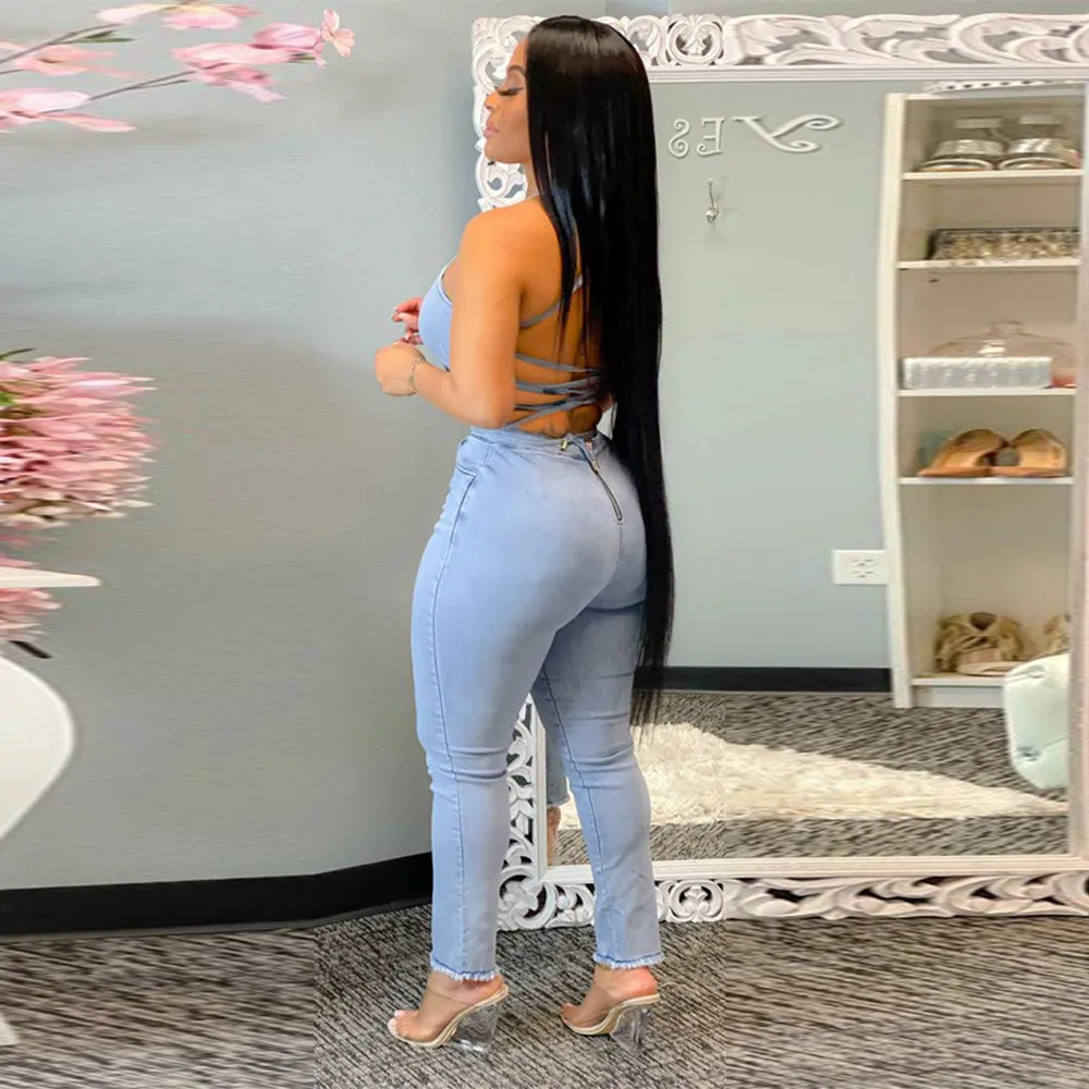 Женский джинсовый комбинезон на бретелях-спагетти Облегающий с открытыми