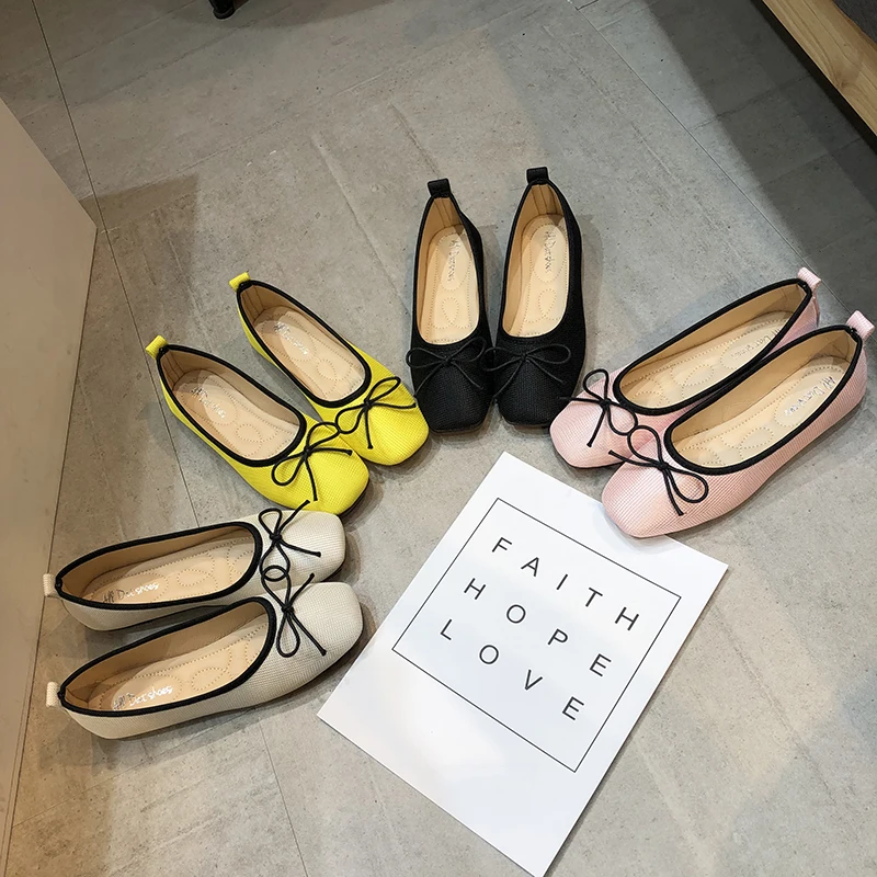 

2020 loafers shallow mouth women's Bow shoes Toe flat shoes femal Spring new soft bottom Flat pea Square Toe shoes soft U15-42