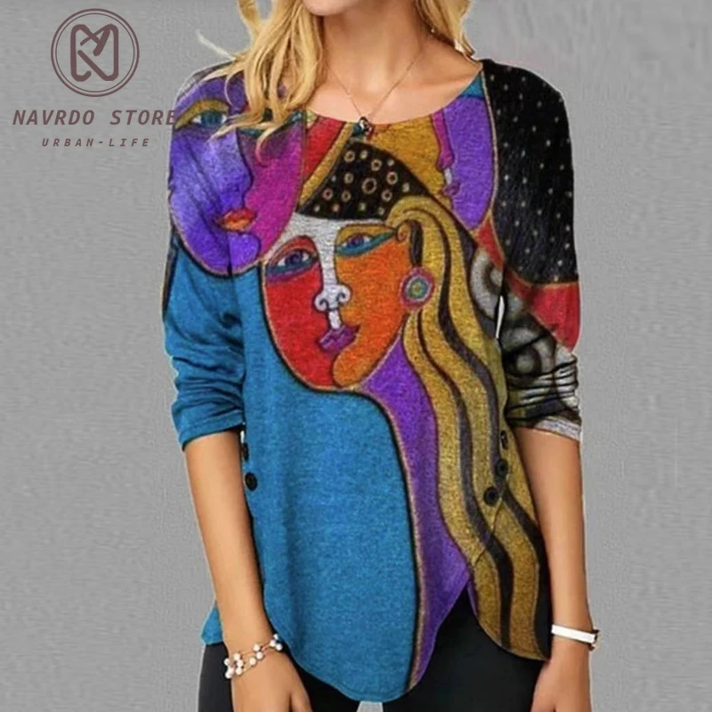 

5XL Retro Printed Side Button Irregular Shirt 2021 Spring Elegant O Neck Patchwork Top Autumn Long Sleeve Women Blouses Pullover