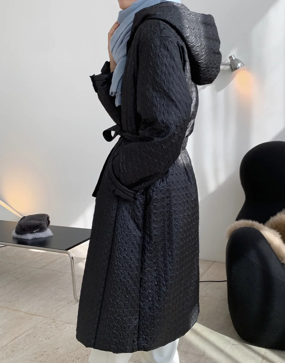 

Новинка 2021, Женское пальто с капюшоном во французском стиле, пальто на белом утином пуху, зимняя свободная приталенная теплая длинная пухов...