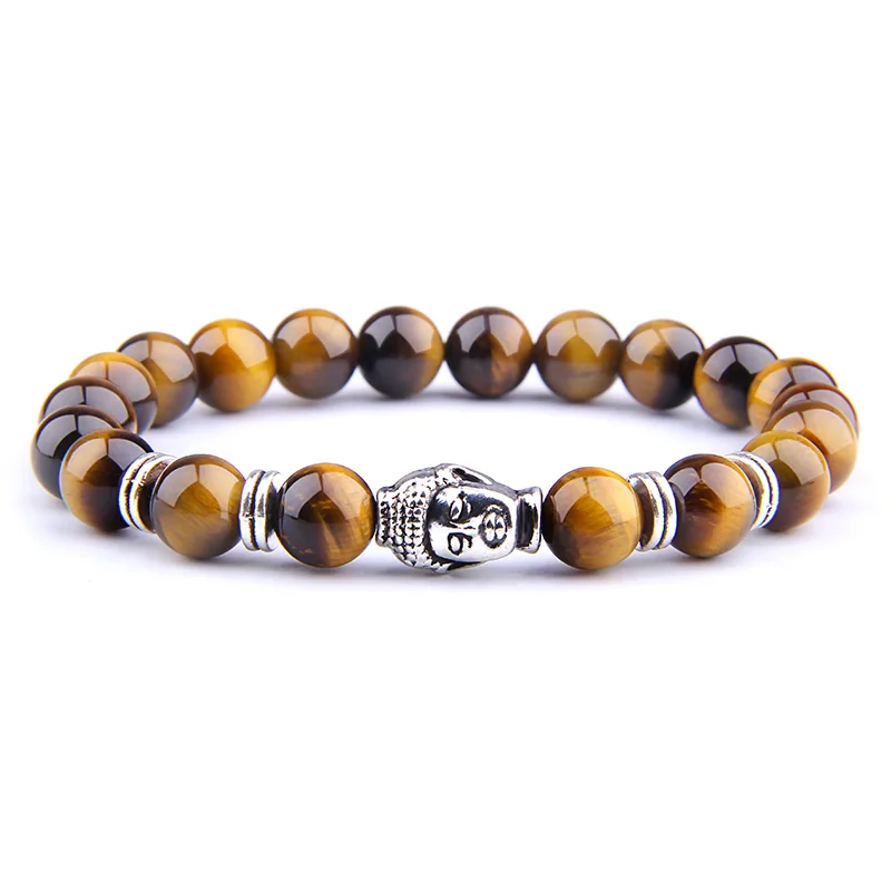 Fashion AAA Royal Blue Tiger Eye Men's Bracelet Beads Natural Stone Buddha Stretch Charm Bracelets for Women Men Jewelry - Окраска металла: Yellow Tiger-2