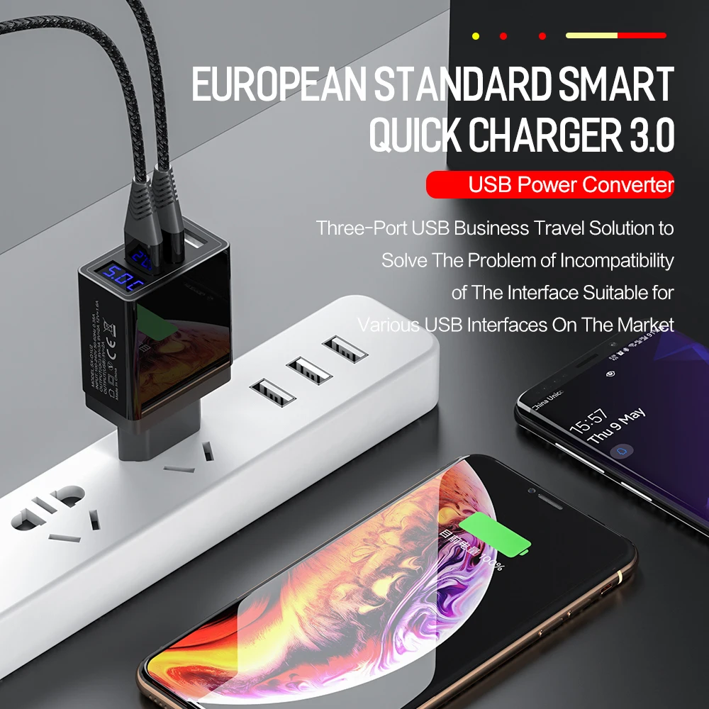 ROCK QC 3,0 30 Вт 3 USB зарядное устройство для быстрой зарядки телефона светодиодный дисплей для iPhone Xiaomi samsung huawei 3 порта Быстрый Настенный адаптер Turbo