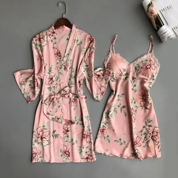 2PCS Robe Set Pink Сексуальное женское атласное Короткое Кимоно, халат, ночная рубашка, халат с цветочным принтом, мягкий халат, Свадебный халат для невесты, халат для подружки невесты - Цвет: 2PCS Robe Set Pink