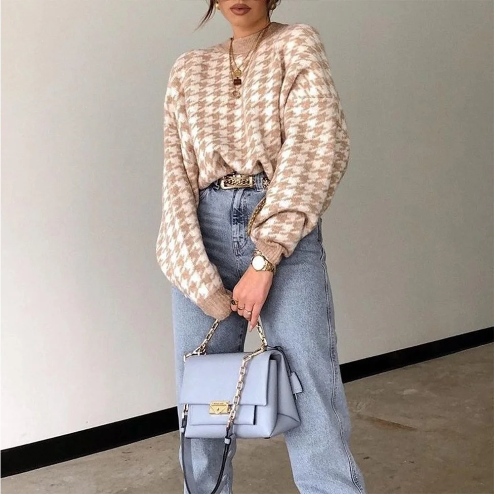 

Diiwii Woman Sweater Women Casual Houndstooth Lady Pullover Sweater Female Autumn Winter Retro Jumper Geometric Khaki Knitted