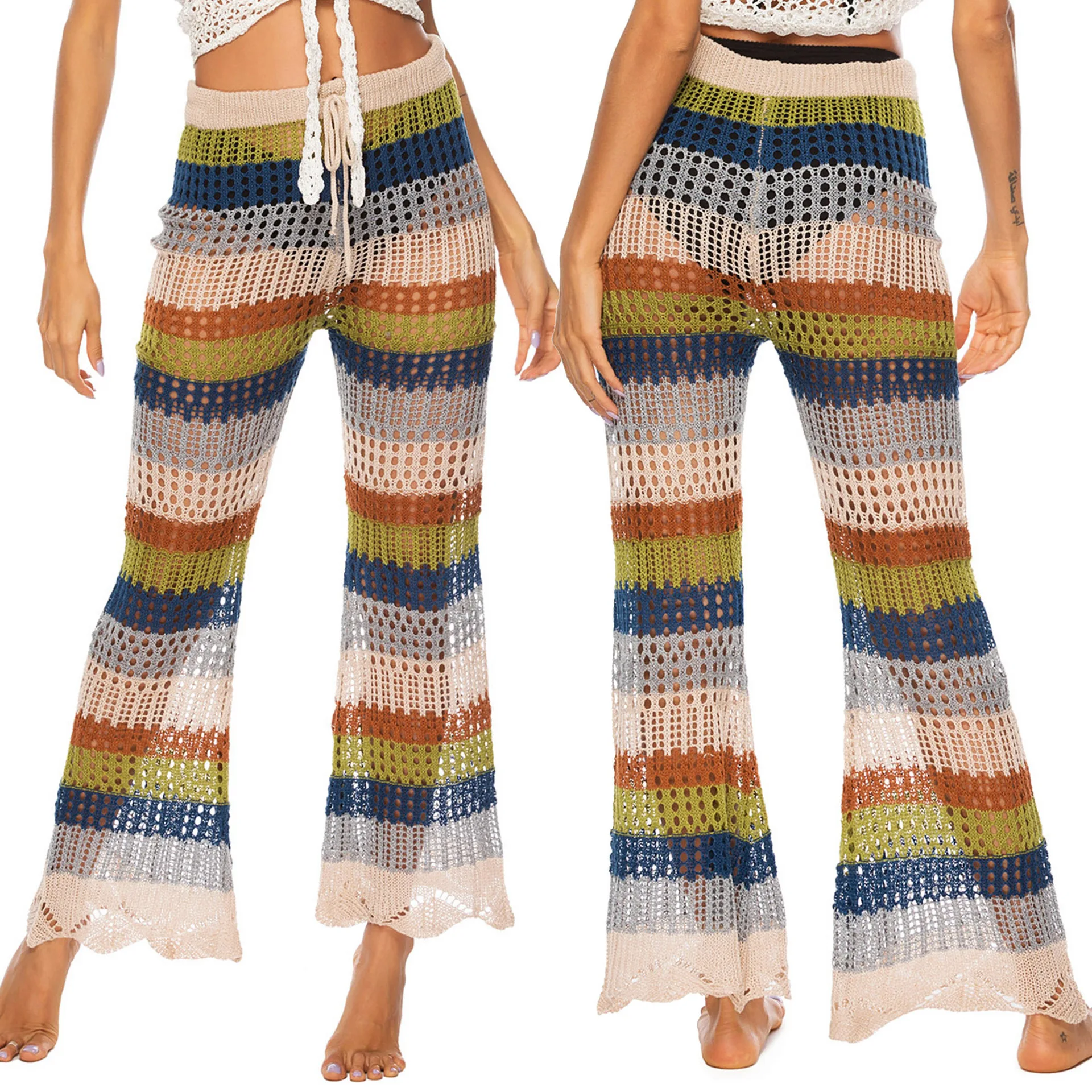 

Women Hollow Out Bikini Cover Up Flared Trousers High Waist Loose Sexy Knitting See Through Multicolour Strip Summer Beach Pants