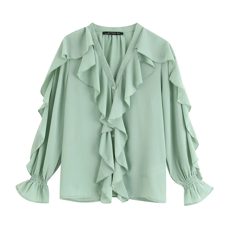 Женская шифоновая блузка с оборками V образным вырезом и длинным рукавом|Рубашки|