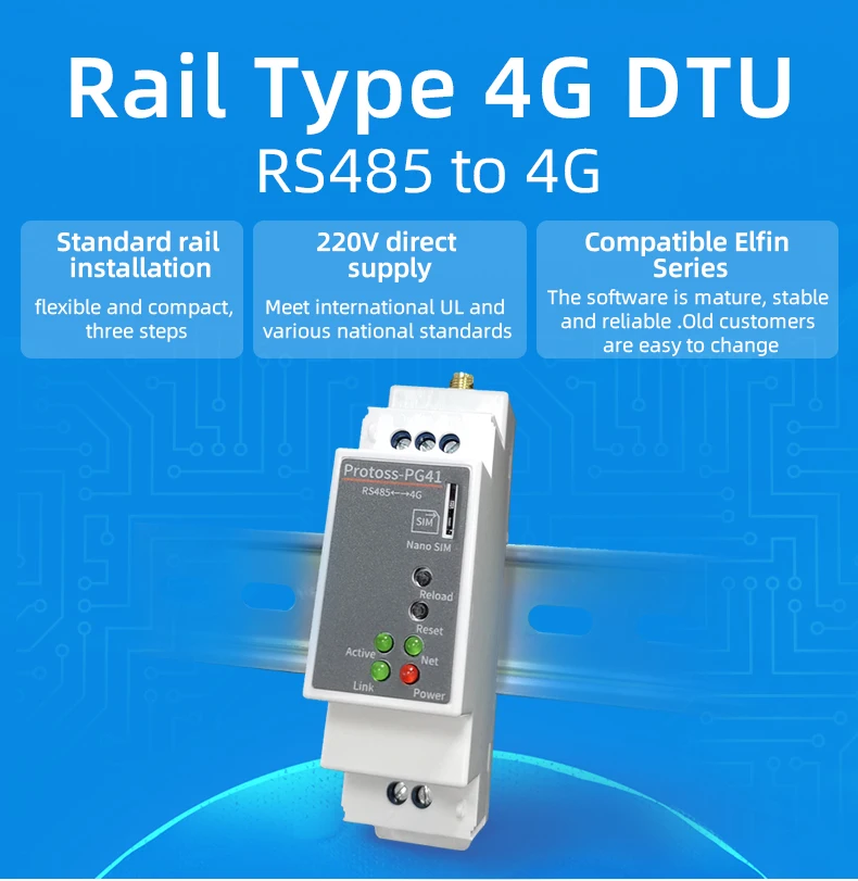 Din Rail Serial RS485 to 4G Server Module Converter Modbus DTU to Modbus 4G