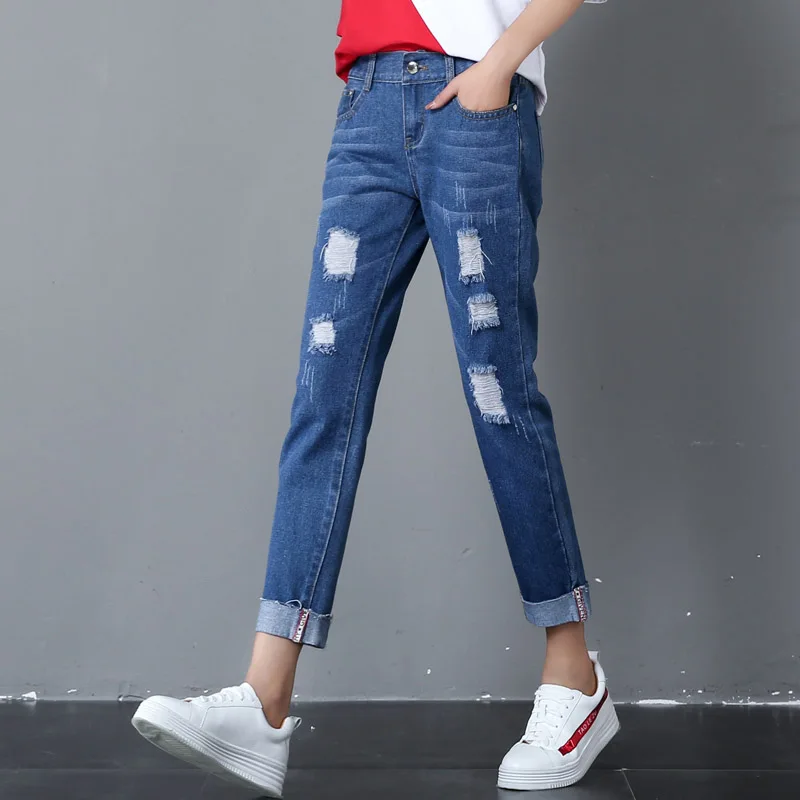JoinYouth/однотонные джинсы с дырками и высокой талией эластичные большого размера