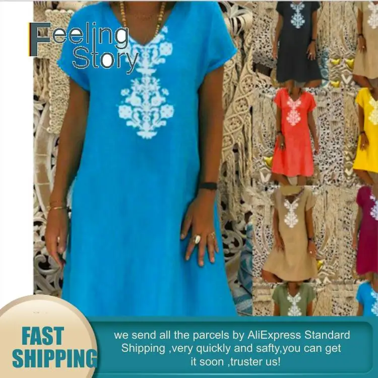 Женское летнее платье больших размеров Boho желтое до колена с принтом и коротким