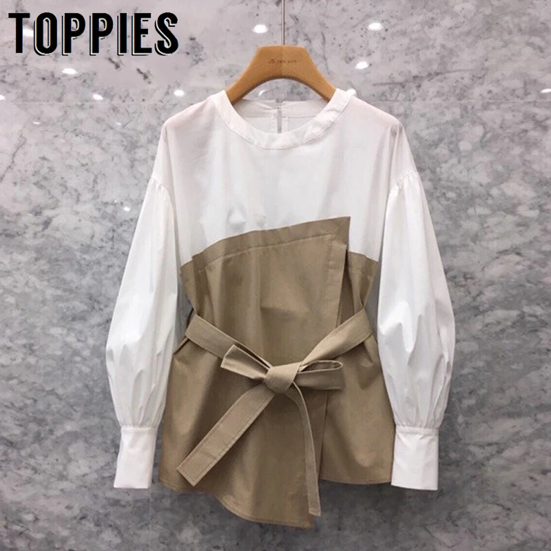2019 корейская поддельная двухсекционная рубашка с бантом на поясе Асимметричная