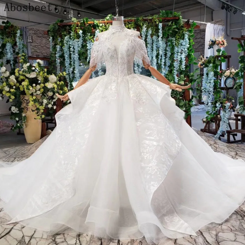 

Exquisite Beads Off Shoulder Wedding Dress 2021 Fashion Deep V Neck White Wedding Gown Bridal Dress 200CM Train Lace Up Back