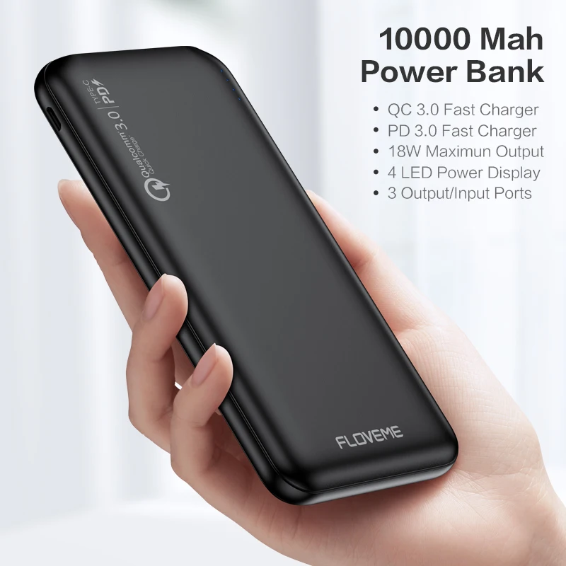 FLOVEME Quick Charger 3.0 Power Bank 10000mAh Portable Charging 3 input PowerBank USB External Battery For Xiaomi iPhone | Мобильные