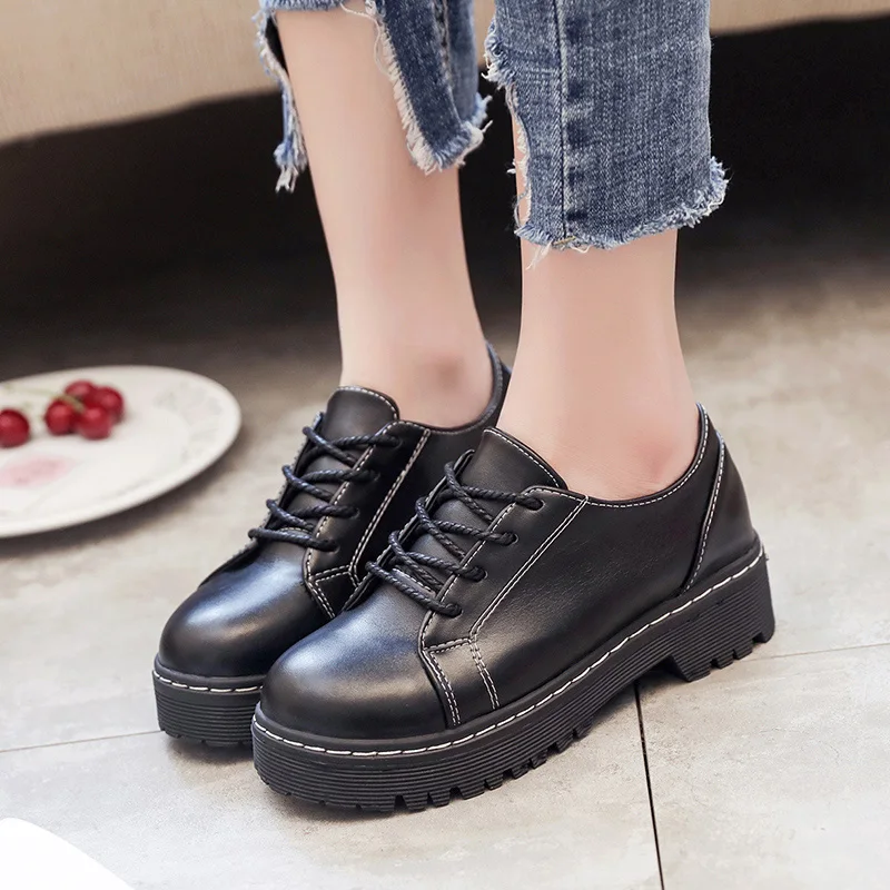 

Womens Derby Shoes Female Footwear Casual Sneaker Clogs Platform British Style All-Match Autumn Round Toe Leather Dress Creepers