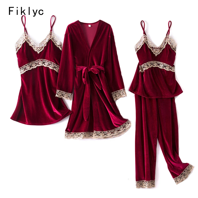 

Fiklyc underwear 2020 new arrival winter 4-pieces pajamas sets velvet warm nightwear for women pyjamas sets