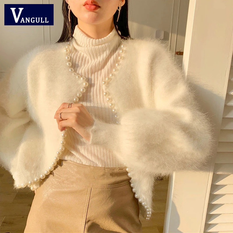 

Vangull Fashion Pearls Women Cardigans Sweater Winter Imitation Mink Cashmere Loose Cardigans Long Sleeve Knitted Ladies Sweater
