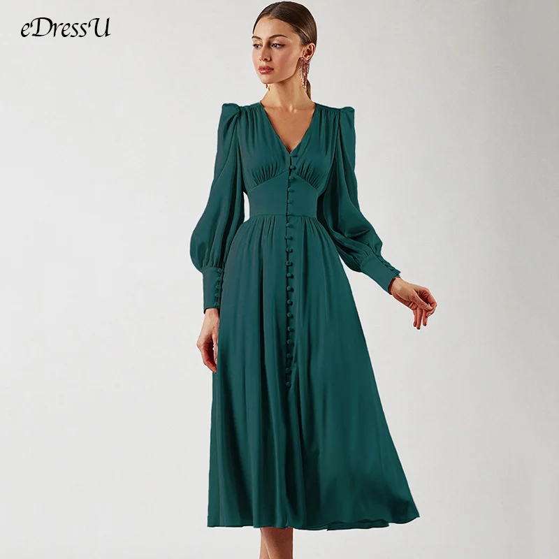 eDressU Green Silk Satin Evening Party Dress Mid-Calf High Quality Empire Buttons Elegant Vintage Maxi Dress SJY-6899