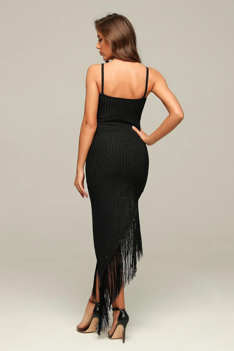 

HF Free Shipping Black Dress Sexy Night Club Celebrity Evening Party Dresses Top Quality Elegant Bandage Dress Tassel