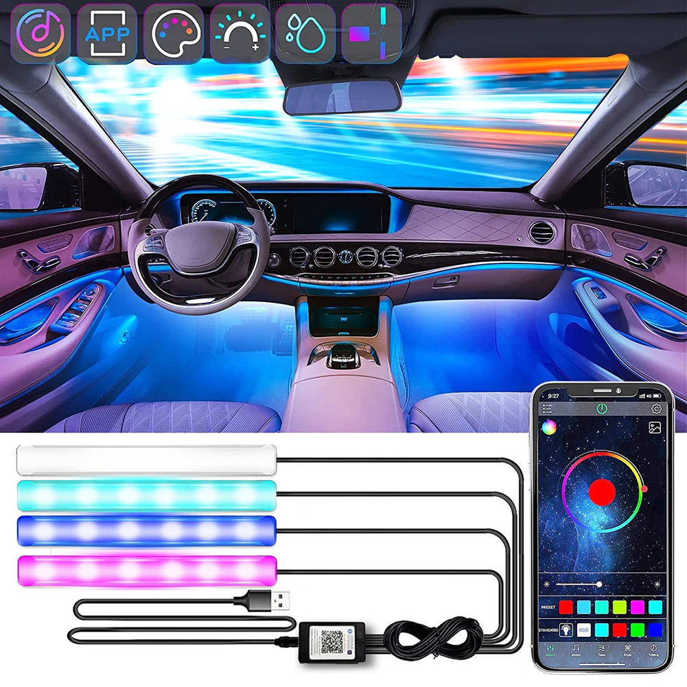 Универсальный автомобильный атмосферный светильник 4 в 1, USB, Автомобильный интерьер, окружающий свет, управление через приложение, RGB музыка...