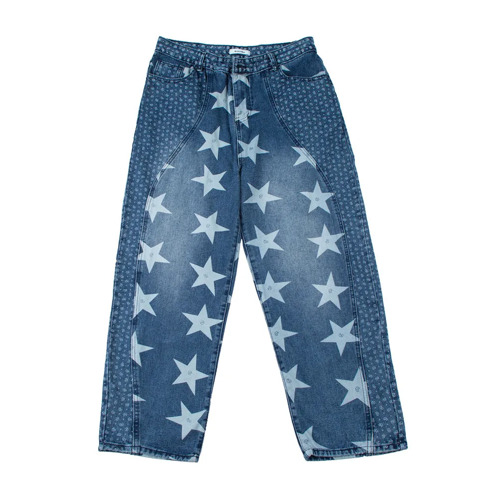 

2021 Stars Cashew Flower Patchwork Oversized Men Straight Jeans Trousers Retro Washed Distressed Wide Denim Pants Pantalon Homme