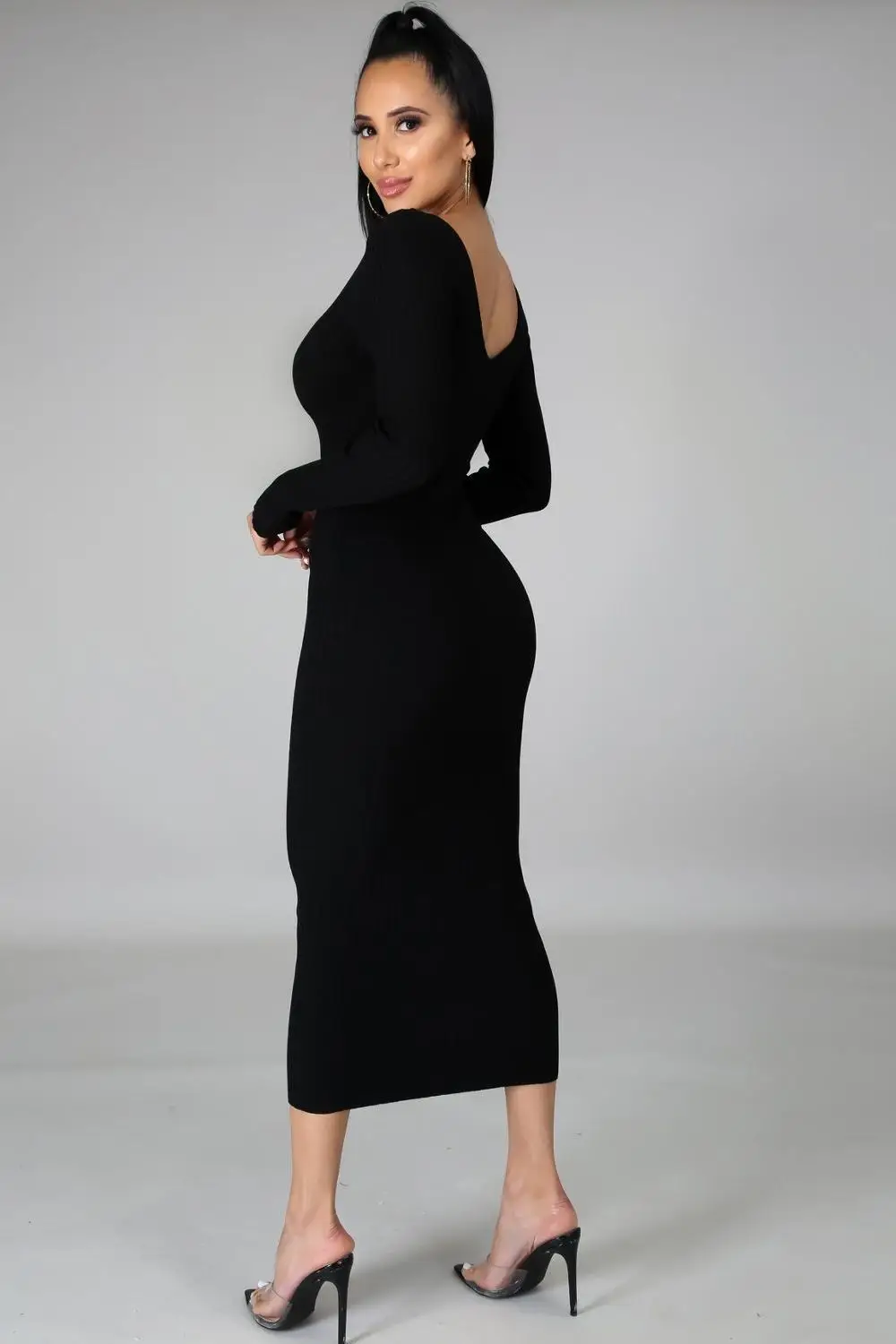 

2020 New Product Fall Winter Clothes For Women Deep V Neck Long Sleeve Bodycon Midi Dresses Knit Fashion Streetwear Elegant Robe