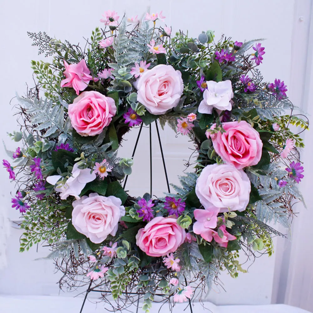 Weddinng Artificial Rose Flower Wreath Silk Simulation Spring For Front Door Wall Hanging Window Wedding Party Decor | Дом и сад