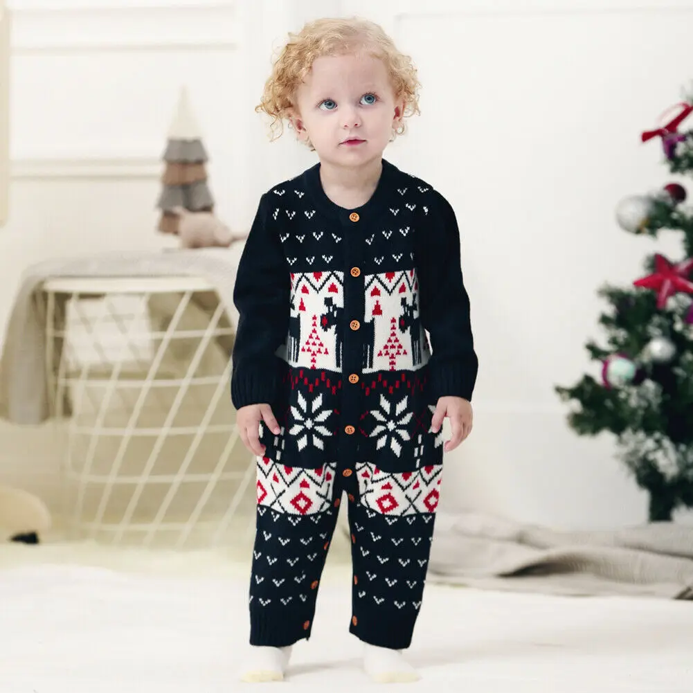 Вязаные рождественские Кнопка Тип зимний комбинезон для новорожденного малыша