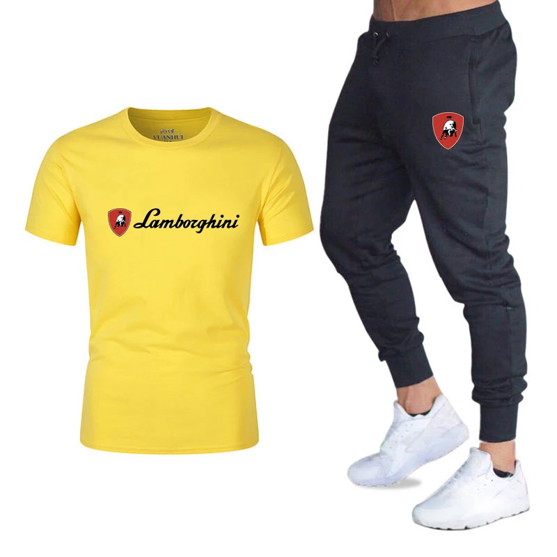 

Men's sportswear men's short sleeve T-shirt and pants Lamborghini car logo crew neck two piece set hot in 2021 summer