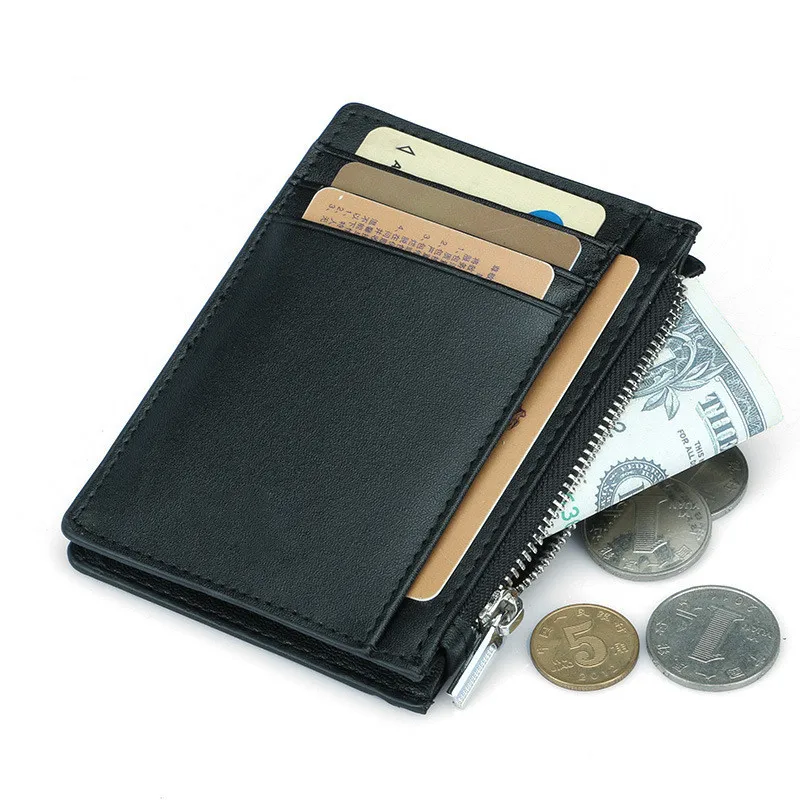 Slim Genuine Leather Visiting Cards Zipper Wallet Business Bank Card Holder Cowhide Cardholder Bus Card Holder Coin Purse