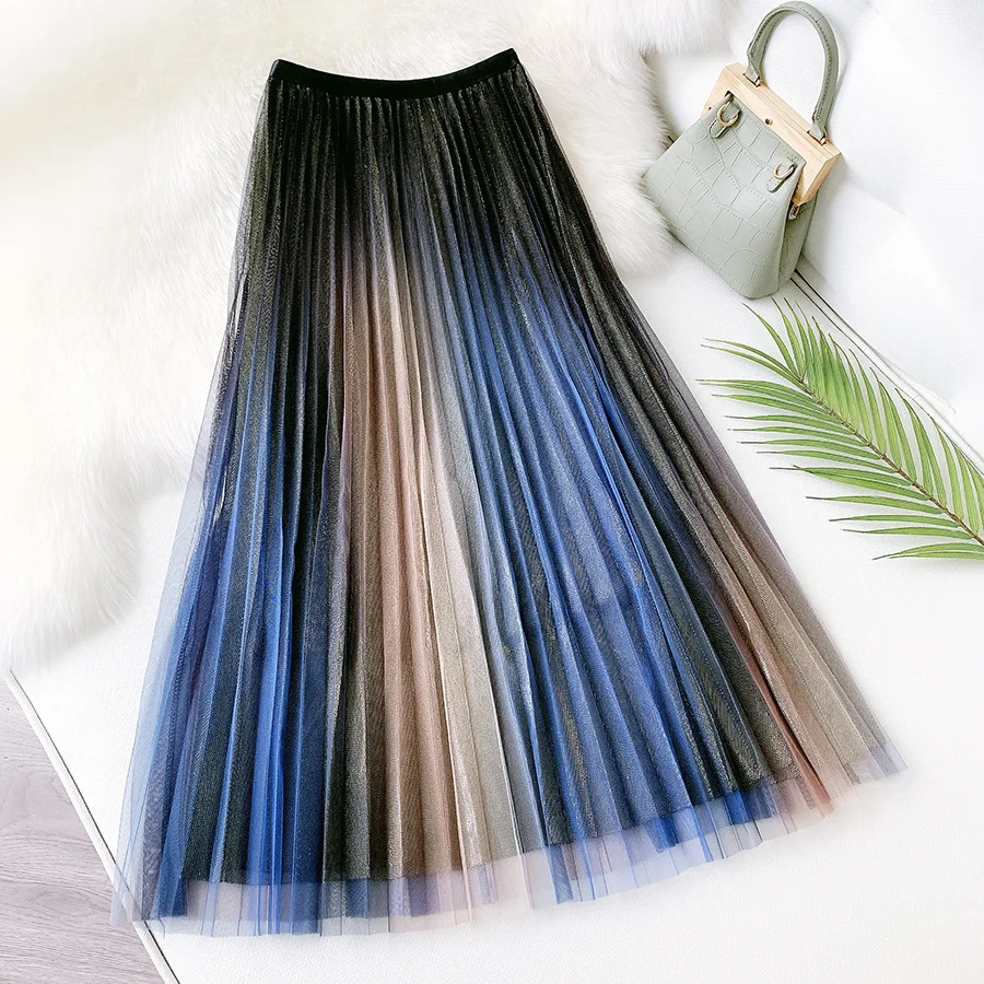 Блестящая сетчатая юбка с градиентом металлик новинка 2021 плиссированные юбки